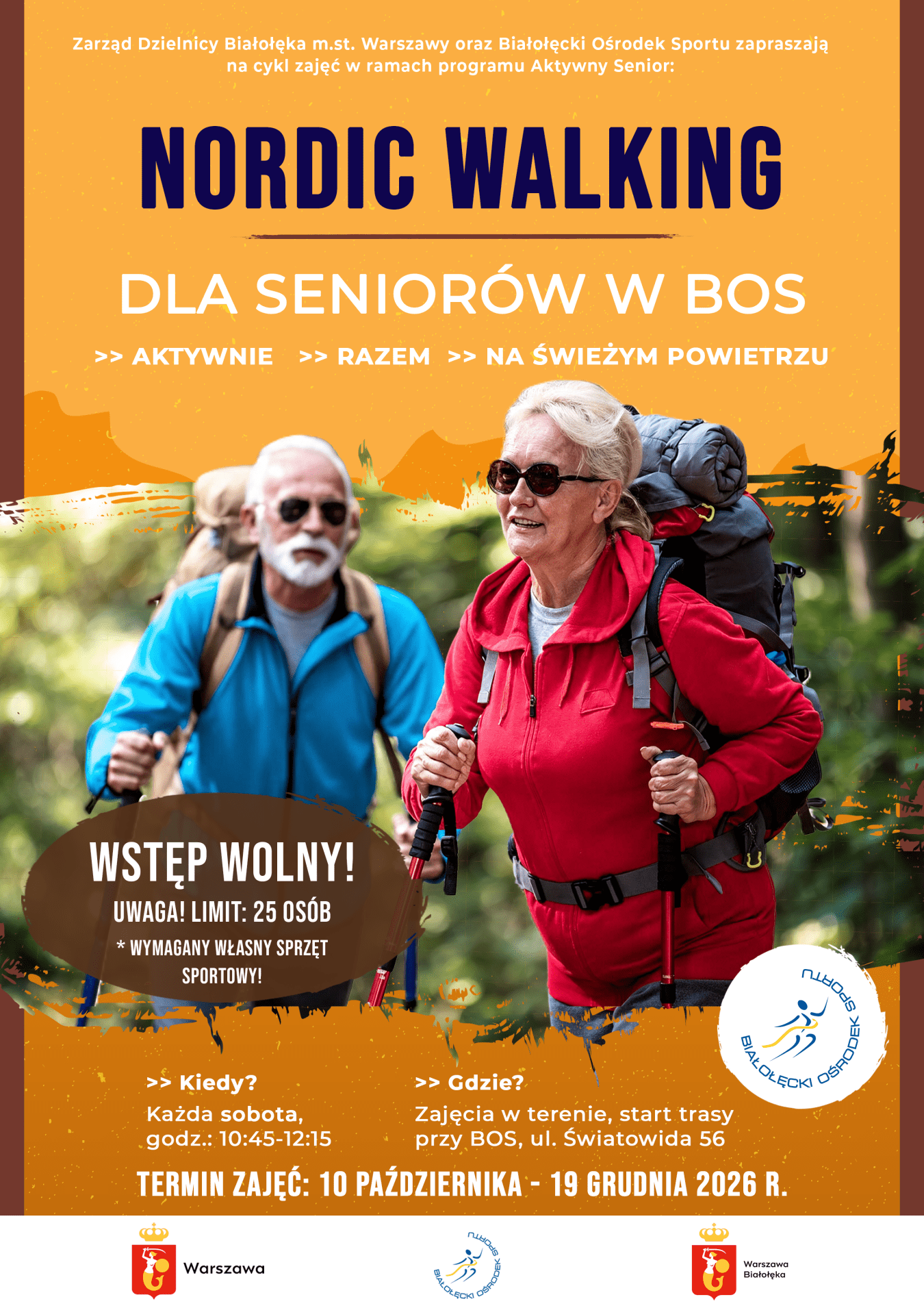 Białołęcki Ośrodek Sportu zaprasza seniorów na bezpłatne zajęcia Nordic Walking z instruktorem. W ramach programu „Aktywny Senior” uczestnicy mogą zadbać o kondycję, poprawić sprawność fizyczną i spędzić czas na świeżym powietrzu.